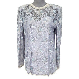 Judith Ann Creations Top Womens Large Lavender Blouse Lace Pearls Sequins Vtg